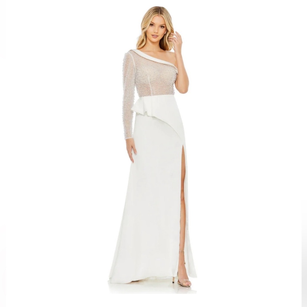 Mac Duggal 11126 sheer beaded one shoulder pearl bodice high slit dress. Size 8
